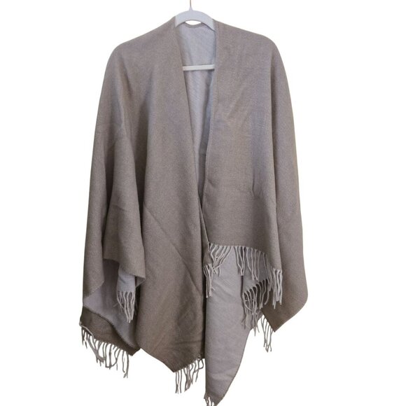 Cashmere Finished Made In Florence Italy Neutral Beige Fringed Open Poncho Cape - Picture 1 of 3